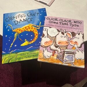 2 hardback childrens books Giraffes Can’t Dance & Click Clack Moo Cows That Type